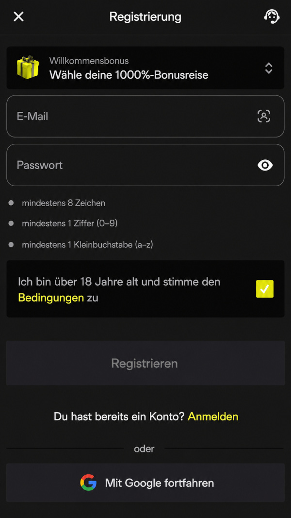 Registrierung eines neuen Nutzers über das Standardsystem